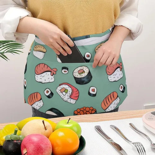 Vista 3 de Delantal japonés de media cintura con patrón de sushi Kawaii con 3 bolsillos para restaurante con correa larga, delantales a juego para mujeres