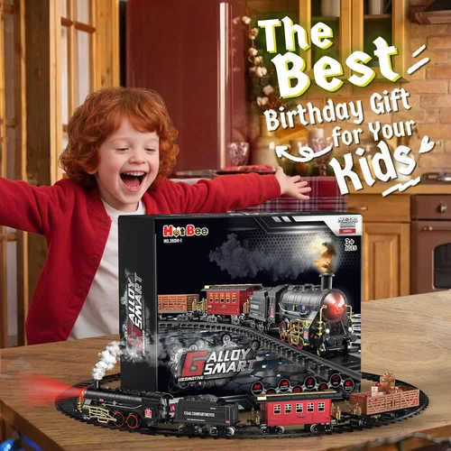 Vista 6 de Set de trenes Hot Bee - Juguetes de trenes de aleación para niños con vagón brillante y silencioso, tren de juguete con humo, luces y sonido, tren