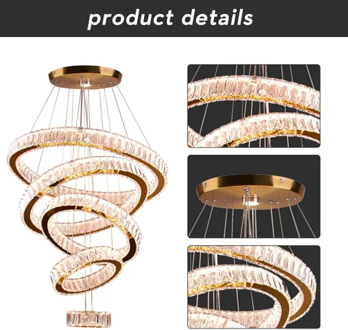 Vista 5 de Lámpara candelabro LED de cristal grande, moderna de 5 anillos, luz colgante ajustable para dormitorio, comedor, cocina (blanco cálido).