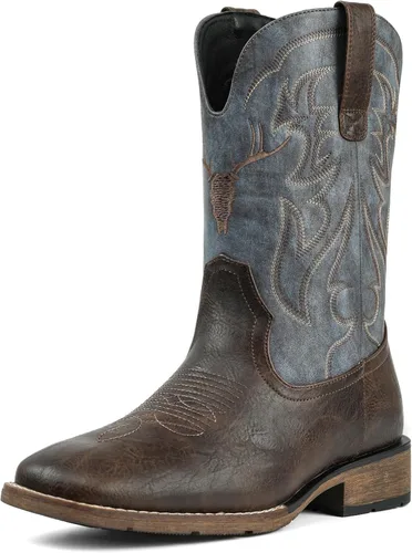 Vista 9 de Cowboy Boots for Men Square Toe Western Boots Retro Classic Embroidered Pull On Boot Café