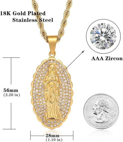 Vista 2 de ROWINCO - Collares colgantes chapados en oro de 18 quilates con colgante de Virgen María Chian para hombres y mujeres ovalados para Nuestra Señora