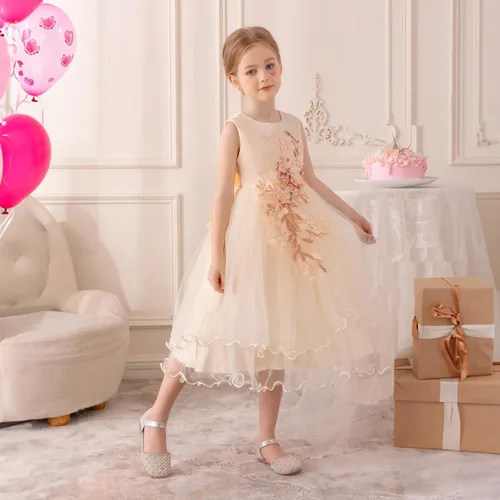 Vista 3 de Vestido formal para niña de flores, vestido formal para fiesta de cumpleaños, boda, bordado floral, vestidos de satén de tul para niños de 2 a 12