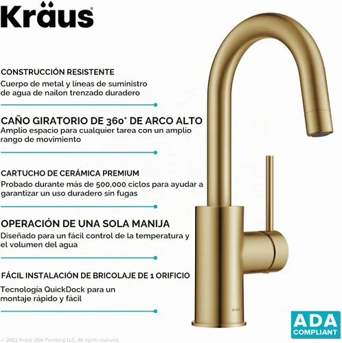 Vista 8 de KRAUS Oletto - Grifo de barra de cocina de un solo mango con ensamble de montaje superior QuickDock en latón cepillado, KPF-2600BB Cobrizo cepillado