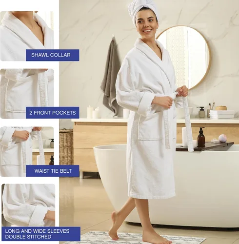 Vista 5 de Jmr Terry Cloth Robes for Women & Men - Lightweight Cotton Bathrobe - Spa-Quality White Cotton Robe for After Shower