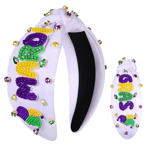 Vista 17 de Diadema de Mardi Gras para mujer, diadema de corona de flor de lis, diadema morada con diamantes de imitación y nudo superior, accesorios