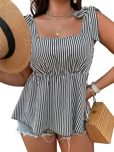 Vista 3 de WDIRARA Camiseta sin mangas para mujer, talla grande, con cuello cuadrado, dobladillo con volantes, estilo peplum