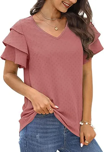 Vista 3 de Vrtige Blusa casual de manga corta con cuello en V y lunares suizos para mujer