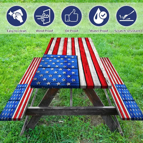 Vista 3 de Juego de fundas para mesa de picnic con bandera estadounidense con textura de madera, impermeable, resistente al viento, para campamento, manteles