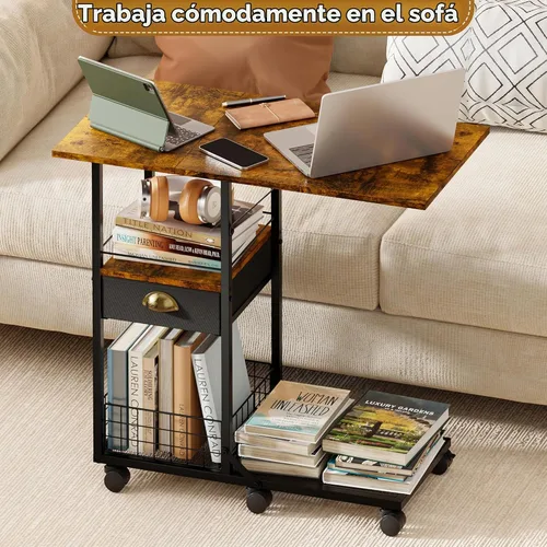 Vista 9 de Mesa de centro rodante con parte superior de madera doble ancha de gran tamaño, bandeja de TV móvil con cajón de almacenamiento y ruedas para sofá