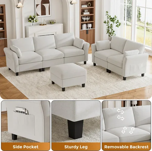 Vista 4 de Legend Vansen Sofá modular seccional, cómodo sofá modular en forma de U de 6 asientos con espacio de almacenamiento y diván, sofás seccionales Crema