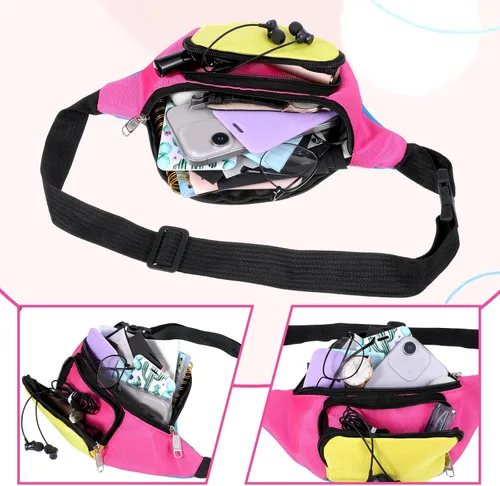 Vista 4 de Riñonera retro neón de los años 80 con 2 bolsillos, manos libres, pequeñas bolsas para cinturón para mujeres y hombres, viajes, fiesta de Halloween