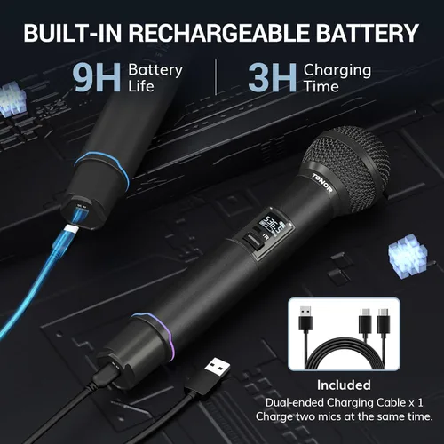 Vista 4 de TONOR Sistema de Micrófono Inalámbrico, Escaneo Automático y Emparejamiento Micrófono Inalámbrico Recargable Profesional, Set de 2x100 UHF