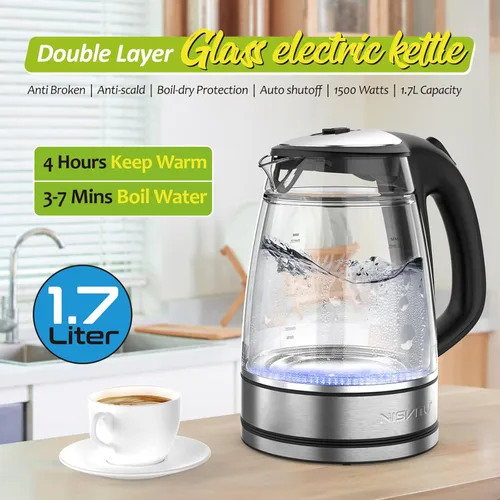 Vista 2 de NISVITU Hervidor eléctrico inalámbrico de vidrio y acero inoxidable para hervir agua, hervidor de agua caliente Hervidor eléctrico de té con apagado