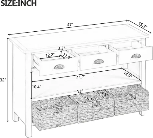 Vista 2 de Mesa consola de madera para sofá con 3 cajones y 3 cestas de almacenamiento, multifuncional de 47 pulgadas de largo, mesa de entrada, gabinete