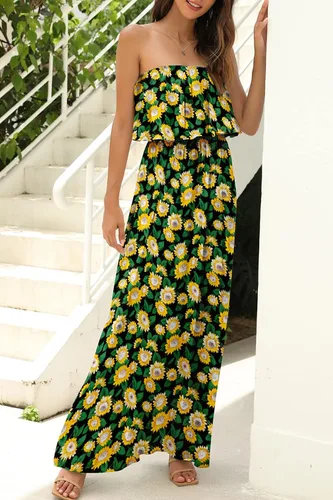 Vista 4 de ZMPSIISA - Vestido largo de verano con hombros descubiertos para mujer vestido largo sin tirantes con volantes color azul y blanco estilo bohemio