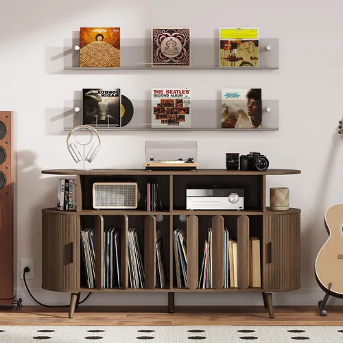 Vista 2 de Soporte para tocadiscos con almacenamiento de vinilo, mesa de tocadiscos con estación de carga, consola multimedia y estante de discos para más
