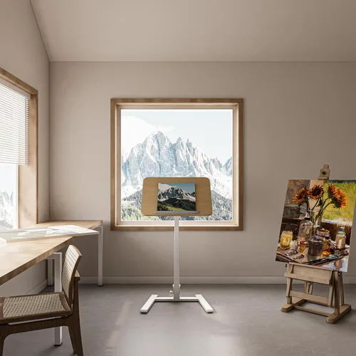 Vista 2 de alawooder 25" Mobile Folding Desk: Pneumatic Sit-Stand, No Assembly Escritorio para portátil con ruedas ajustables de 29 a 42 pulgadas, ruedas Beige