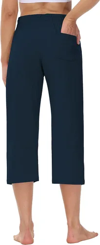 Vista 5 de Cakulo Pantalones capri de pierna ancha para mujer, pantalones capri de yoga de verano de cintura alta, casuales, pantalones recortados con bolsillos