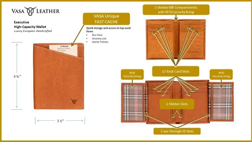 Vista 5 de VASA - Carteras verticales de cuero de grano superior de coñac para hombre, billetera plegable minimalista de lujo europea con RFID y soporte