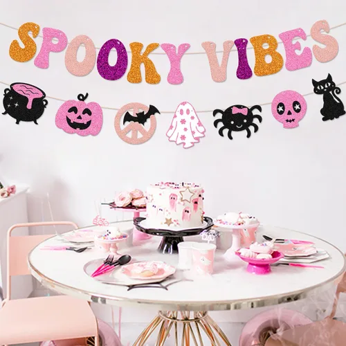Vista 5 de Pancarta de Halloween espeluznante decoración espeluznante hippie guirnalda de Halloween groovy retro fantasma murciélagos araña, gatos, calavera