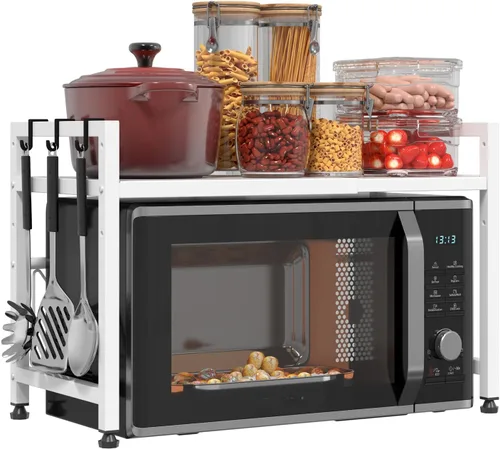 Vista 8 de Soporte extensible para horno de microondas, estante ajustable para microondas, estante para tostadora, estante resistente, organizador de encimera
