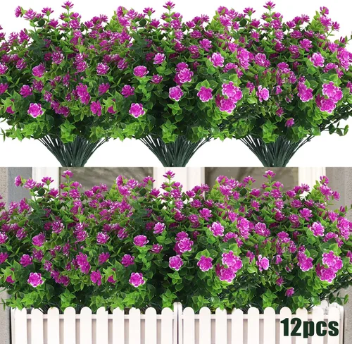 Vista 17 de RECUTMS - Flores artificiales, 12 plantas sintéticas para exteriores, resisten rayos ultravioleta, arbustos para interiores y exteriores, maceta