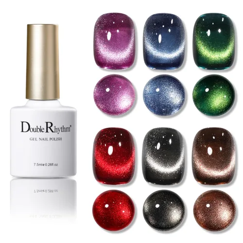 Vista 13 de Double Rhythm Juego de esmaltes de gel de ojo de gato, 6 colores, purpurina brillante con imán, holográfico, reflectante, magnético, UV, kit de arte