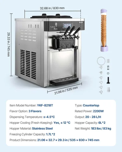 Vista 7 de VEVOR Máquina de helados comercial, rendimiento de 20-28 L/H, 2200 W 3 sabores para encimera de helado suave con 2 tolvas de 6 L y agitación