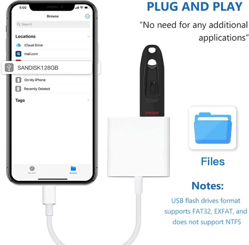 Vista 7 de KikoSaka Adaptador Lightning a USB para cámara para iPhone con puerto de carga Lightning Cable OTG USB 3.0 hembra Teclado Mouse Sin soporte para USB