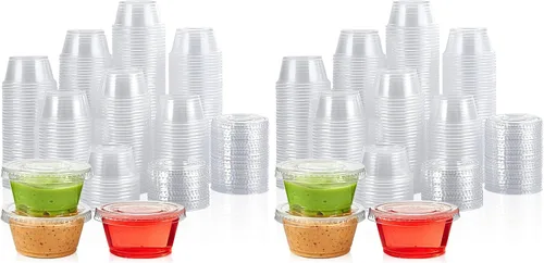 Vista 11 de Lilymicky 400 juegos de vasos de plástico desechables de 1 onza con tapas, pequeños recipientes de plástico para condimentos para salsa, vasos