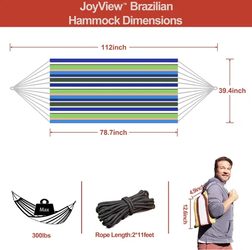 Vista 2 de JoyView Hamaca brasileña para una sola persona, hamaca portátil con cuerdas para colgar y bolsa de transporte, grande de 78.8 x 39.4 pulgadas