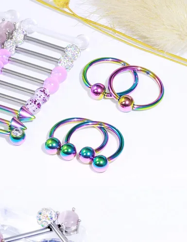 Vista 4 de Oufksiyy 12 pares de anillos para pezón elegante circonita cúbica piercing para pezón de acero inoxidable 316L 14G lengüeta para pezón palo palo