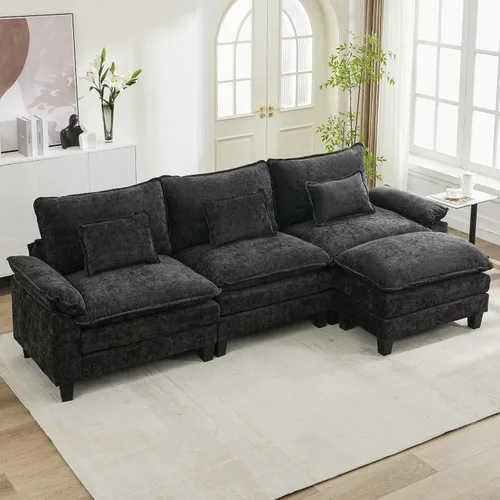Vista 48 de URRED - Sofá seccional modular tipo nube, cómodo sofá cama de chenilla moderna con asientos profundos y otomán/almohadas para sala de estar