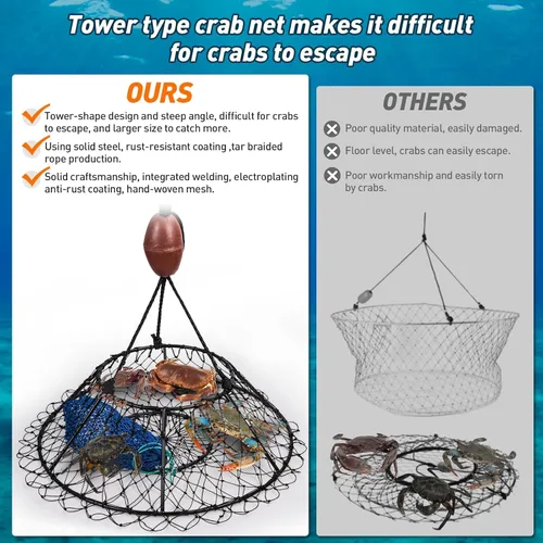 Vista 6 de QualyQualy Crab Ring Trap Hoop Net 1/2-Pack, Heavy Duty Saltwater Crab Nets for Crabbing Lobster, Dungeness and Blue Crabs, Folded Crab Cage Pots