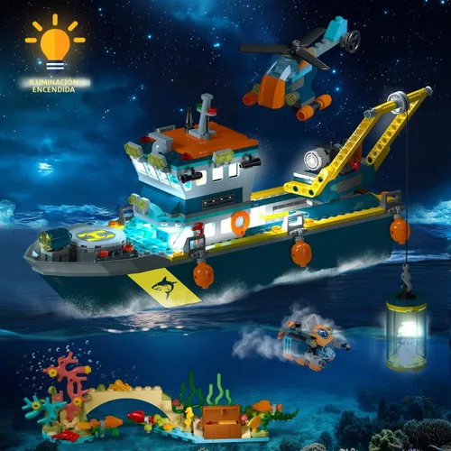 Vista 3 de HiWEEGO City Floatable Boat Building Set with LED Light - Ocean Arctic Explorer Ship Building Block Kit with Helicopter, Sub Exploration Toy