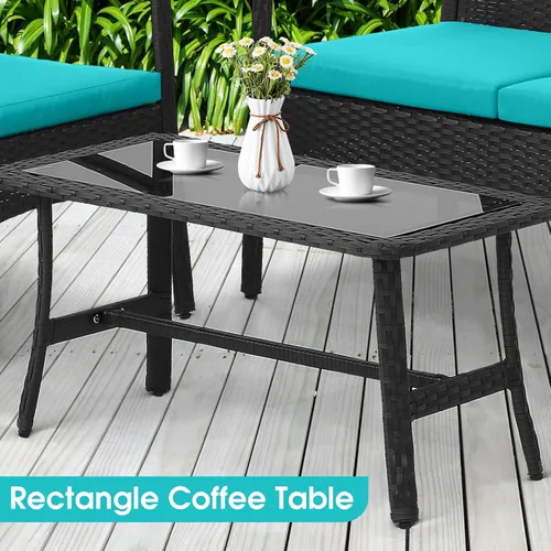 Vista 8 de HAPPYGRILL Juego de 4 muebles de mimbre para patio, juego de conversación de mimbre de polietileno, sofá de ratán con cojines, mesa de centro