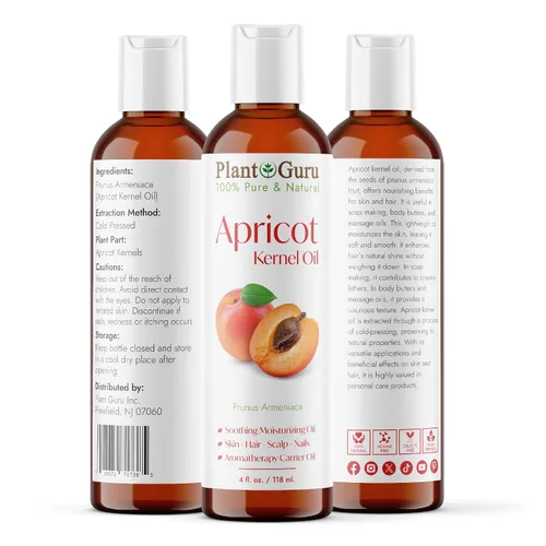 Vista 2 de Aceite de albaricoque de 4 onzas líquidas. Portador prensado en frío 100% puro y natural para el crecimiento de la piel, la cara y el cabello. Ideal