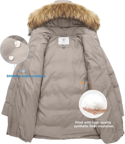 Vista 5 de WenVen - Abrigo grueso de invierno, para mujer, con capucha desmontable, de piel