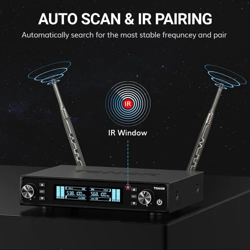 Vista 2 de TONOR Sistema de Micrófono Inalámbrico, Escaneo Automático y Emparejamiento UHF Micrófono de Karaoke Recargable, 2x100 Micrófono Inalámbrico