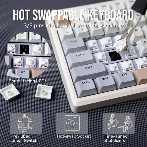 Vista 6 de EPOMAKER Galaxy100 QMKVIA - Teclado inalámbrico para juegos, carcasa de aluminio, Bluetooth2.4GhzUSB-C, interruptores lineales intercambiables