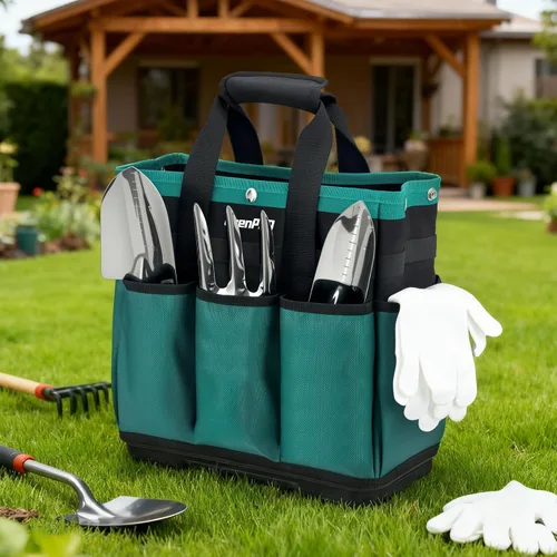 Vista 7 de GrenPRO Bolsa de herramientas de jardín con parte inferior moldeada, caja de herramientas resistente con 10 bolsillos, cierre reforzado y superior a