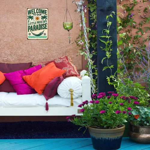 Vista 5 de FunnySign Letrero de hojalata vintage con texto en inglés "Welcome to Our Little Piece of Paradise" para exteriores, porche, patio, jardín, bar