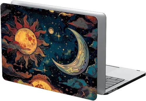 Vista 2 de para MacBook Air de 13 Pulgadas, Funda Negra con Patrón de Sol y Luna Brillando en Contraste Versión 2011-2017 de A1466/A1369 Carcasa Rígida
