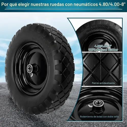 Vista 4 de Cenipar Neumático y Rueda Sin Pinchazos de 4.80/4.00-8", Neumáticos Sólidos de Carretilla de 16" con Rodamientos de 5/8" o 3/4", Cubo Centrado