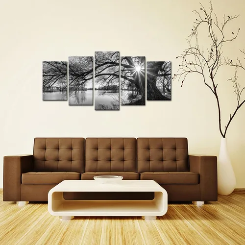 Vista 2 de sechars - 5 piezas de arte de pared, diseño de árbol viejo por lago, pintura de amanecer, paisaje blanco y negro, decoración moderna de pared