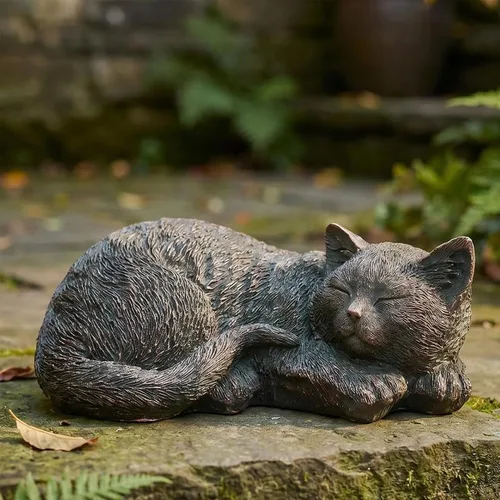 Vista 9 de Estatua de gato al aire libre figuras de gato decoración de jardín, estatua de gato de esmoquin negro atigrado estatua decorativa para patio, patio