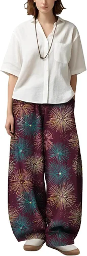 Vista 5 de Womens Wide Leg Firework Pattern Pants High Waist Cotton Blend Lantern Trousers Casual Summer Loungewear