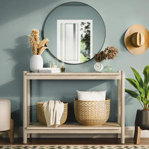 Vista 5 de Bme Lyra - Mesa consola, madera maciza pura con acabado de roble, mesa de entrada y pasillo, capacidad de 297 libras, niveladores ajustables, fácil