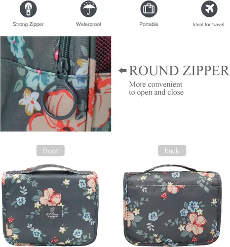 Vista 4 de Neceser portátil para viajes, con gancho, impermeable, organizador de maquillaje, cosmetiquero para mujeres y niñas, Flores grises profundas.)