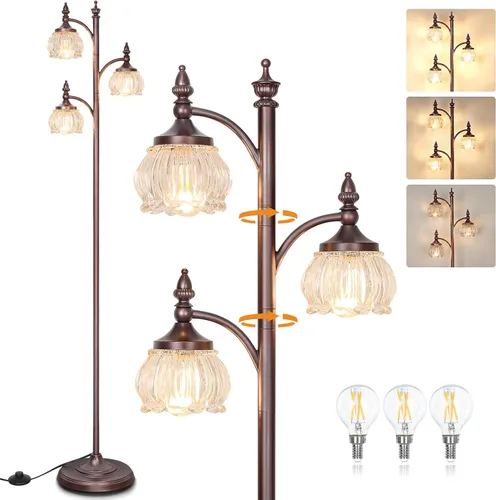 Vista 10 de JUNNAI Lámparas de pie negras para sala de estar, lámparas de pie de 66.5 pulgadas con pantalla de cristal, luces de brillo de 3 vías, lámpara